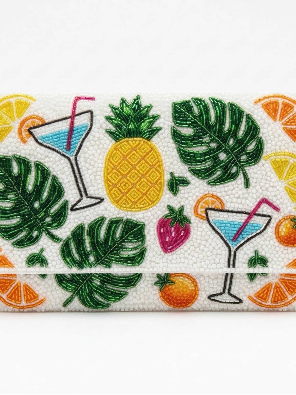 SOLD Beaded Tropical Print Clutch in White with Multicolor Fruit Motifs